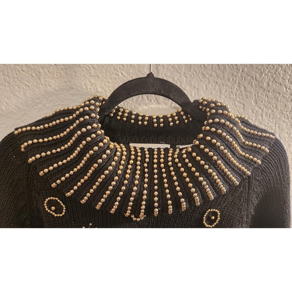 Vintage 80s Cowl Neck Sweater M Gold Tone Beaded Turtleneck Short Party - Picture 2 of 5